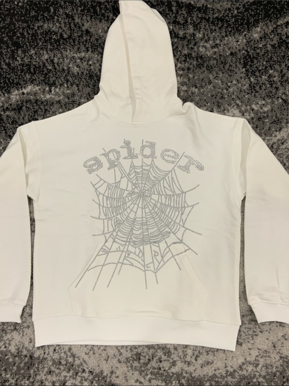 Sp5der White Rhinestone Spider Web Pullover Hoodie for Men’s Size Large